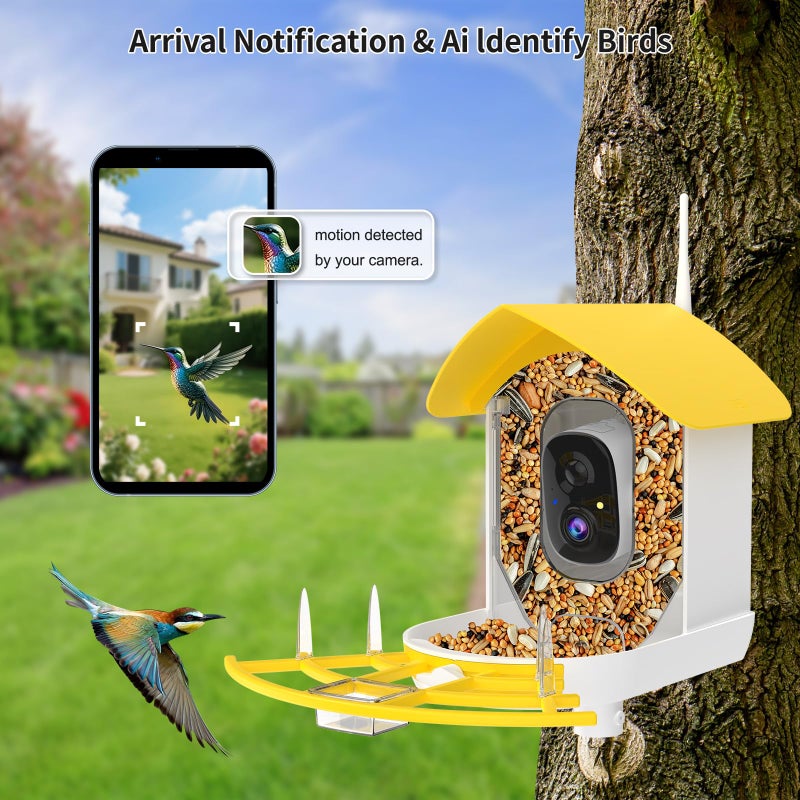 Fazoxo Smart Bird Feeder with Camera, Birds AI Identify, Motion Detection with Real-Time Notice, WiFi FHD Bird Camera, Auto Capture, Solar Powered Outdoor Charging Bird House, IP65 Waterproof,Yellow - Image 2